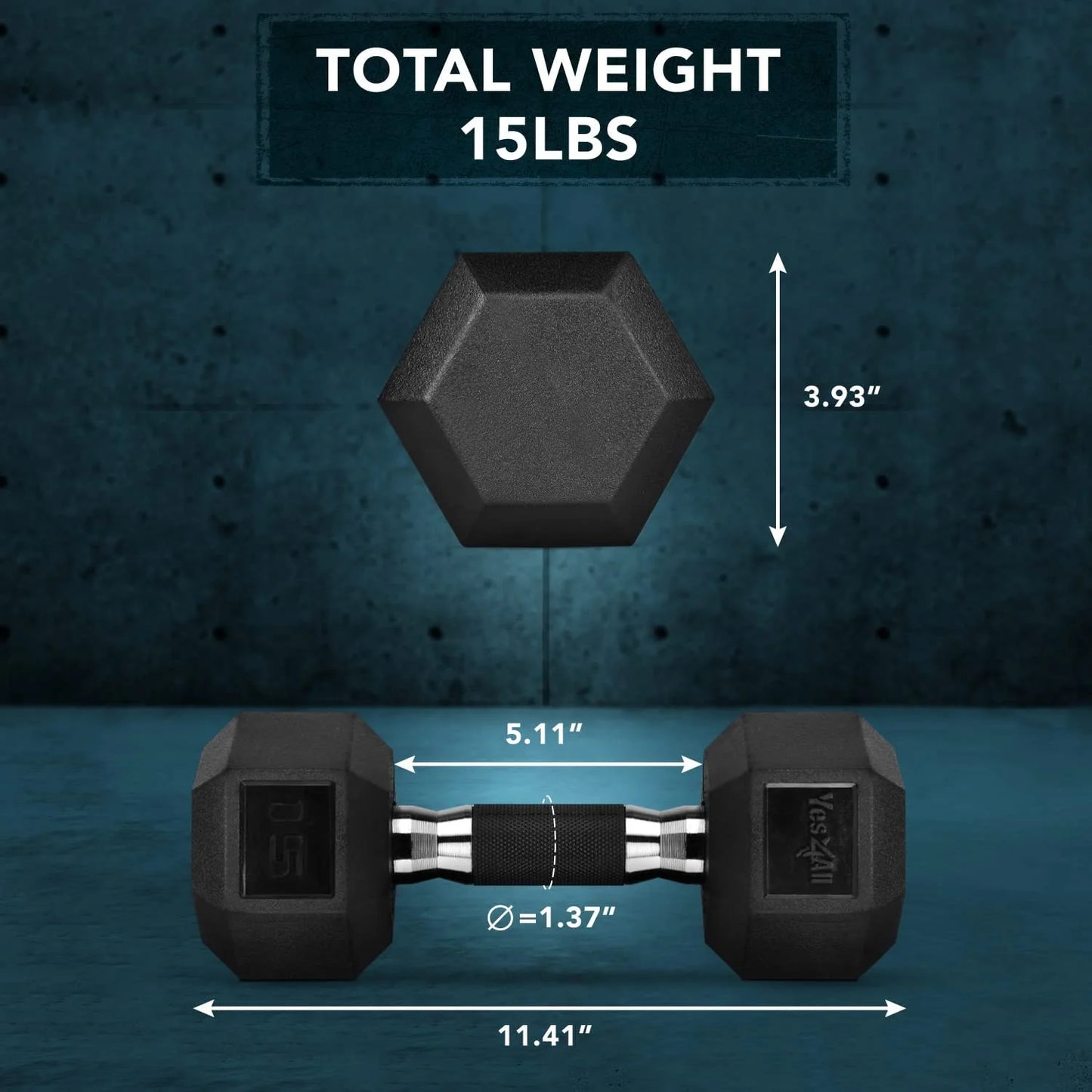 15 Lbs Hex Rubber Grip Dumbbell Weight Set, Single